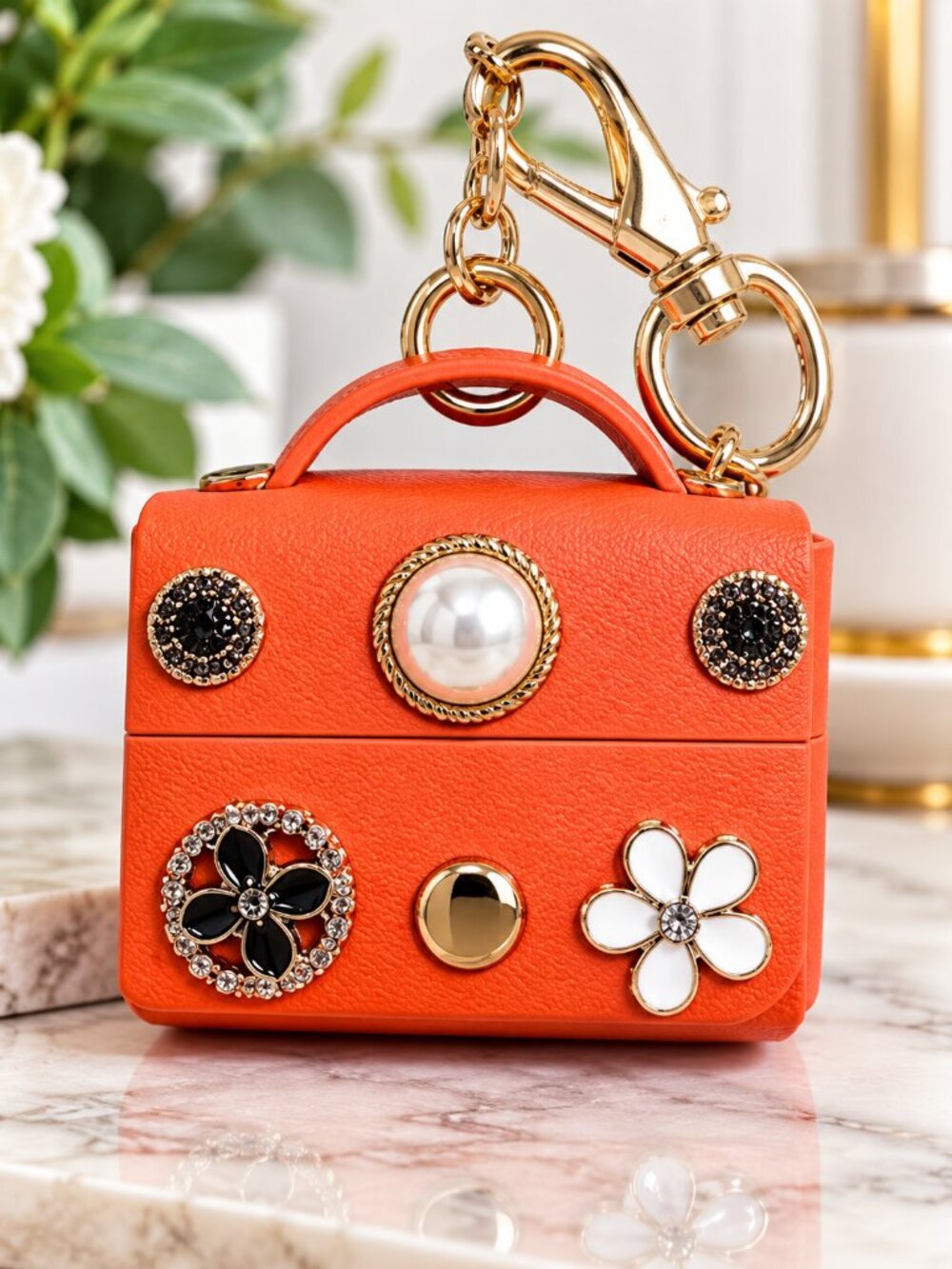 Orange Vegan Leather Mini Keychain Pouch Coin Purse AirPods Charm